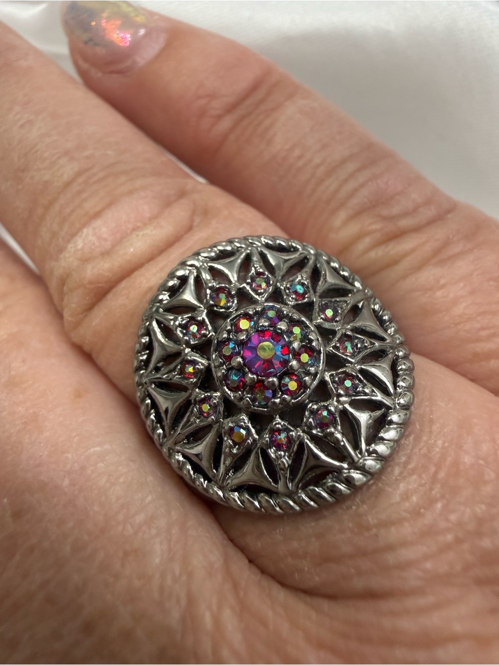 Silver-Tone Round Floral Ring with Multi-Color Crystal Accents